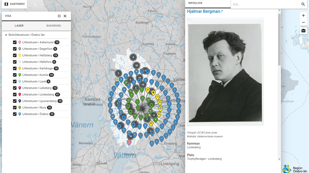 Utklipp från en skärmbild av litteraturkartan med ett porträtt av Hjalmar Bergman