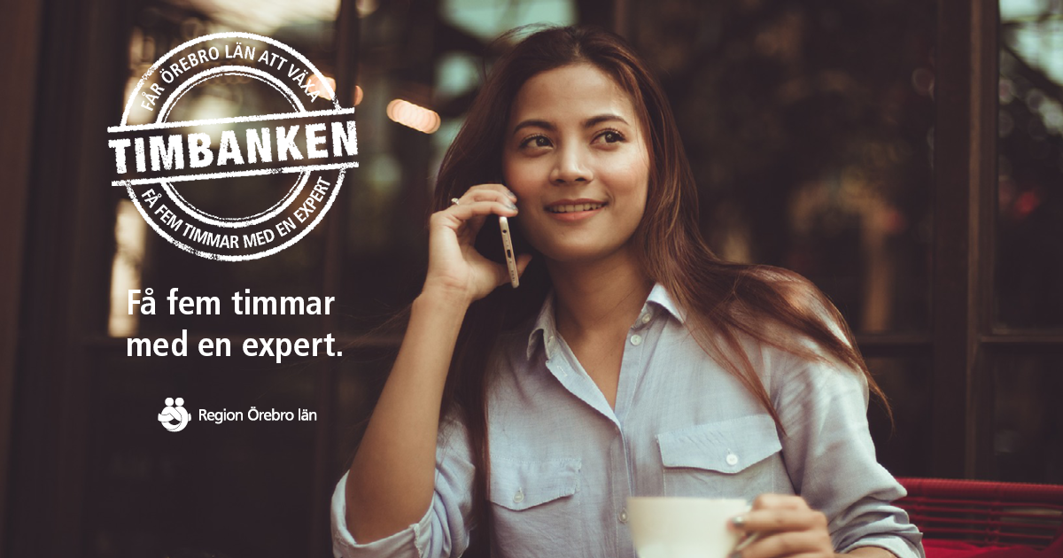 Kvinna som pratar i telefon. Timbankens logotyp. 
